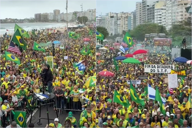 Concentração de ato bolsonarista em Copacabana tem bandeiras dos EUA e faixas contra STF